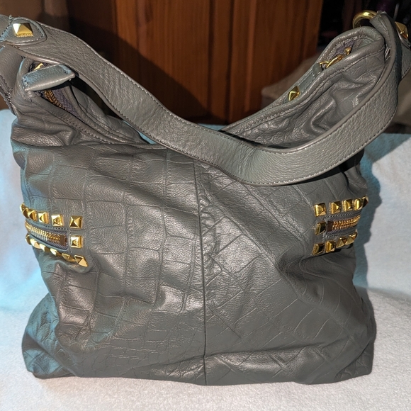 Betsey Johnson leather studded tassel hobo shoulder bag. - Picture 2 of 12